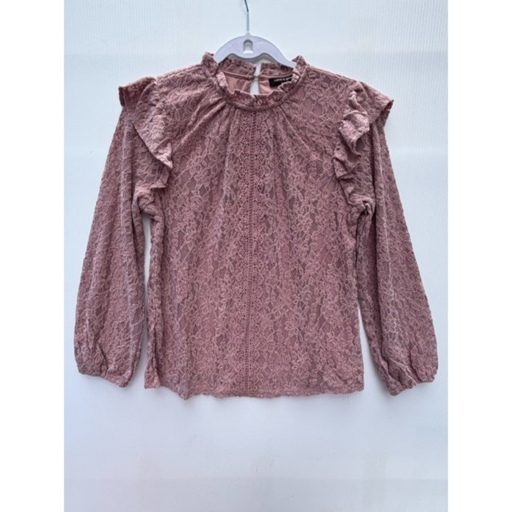 Cable & Gauge Womens Lace Blouse Top Large Pink Ruffle Long Sleeve Keyhole Chic